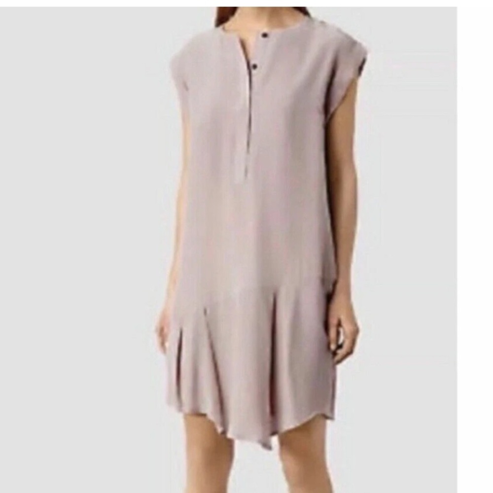 ALL SAINTS Roka Mini Shift Dress Size 8 Rose Pink Silk Blend Asymmetric Hem